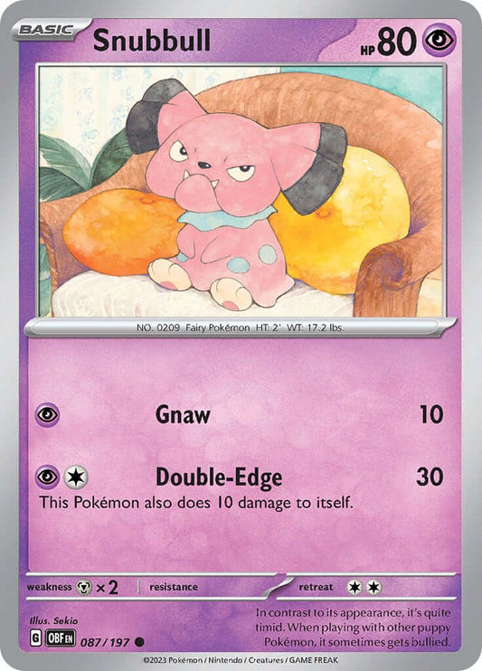 Snubbull [OBF - 087/197] Condition: Near Mint Collectible Trading Cards SV03: Obsidian Flames Also available: Language: English Printing: Reverse Holofoil