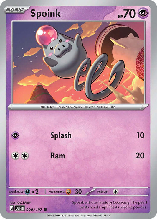 Spoink [OBF - 090/197] Condition: Near Mint Collectible Trading Cards SV03: Obsidian Flames Also available: Language: English Printing: Reverse Holofoil