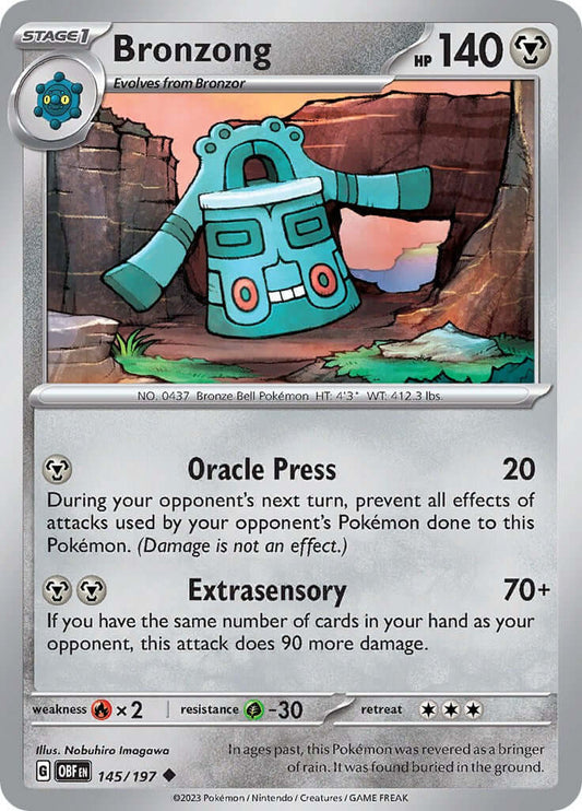 Bronzong [OBF - 145/197] Condition: Near Mint Collectible Trading Cards SV03: Obsidian Flames Also available: Language: English Printing: Reverse Holofoil