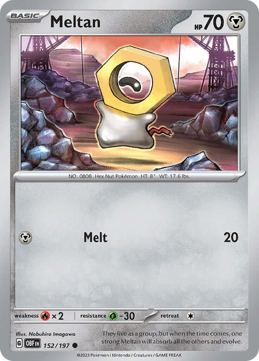 Meltan [OBF - 152/197] Condition: Near Mint Collectible Trading Cards SV03: Obsidian Flames Also available: Language: English Printing: Reverse Holofoil