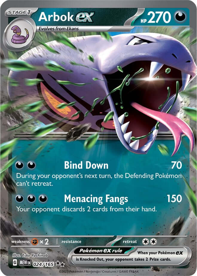 Arbok ex - 024/165 [MEW - 024/165] Condition: Near Mint Collectible Trading Cards SV: Scarlet & Violet 151 Also available: Language: English Printing: Holofoil