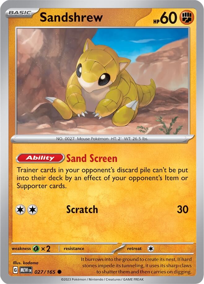 Sandshrew [MEW - 027/165] Condition: Near Mint Collectible Trading Cards SV: Scarlet & Violet 151 Also available: Language: English Printing: Reverse Holofoil