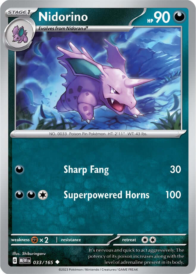 Nidorino [MEW - 033/165] Condition: Near Mint Collectible Trading Cards SV: Scarlet & Violet 151 Also available: Language: English Printing: Reverse Holofoil