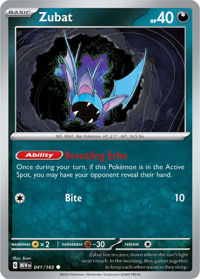 Zubat [MEW - 041/165] Condition: Near Mint Collectible Trading Cards SV: Scarlet & Violet 151 Also available: Language: English Printing: Reverse Holofoil