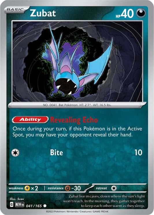 Zubat [MEW - 041/165] Condition: Near Mint Collectible Trading Cards SV: Scarlet & Violet 151 Also available: Language: English Printing: Reverse Holofoil