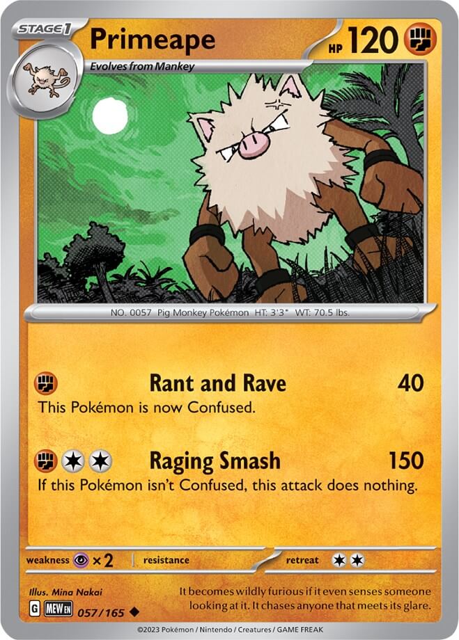 Primeape [MEW - 057/165] Condition: Near Mint Collectible Trading Cards SV: Scarlet & Violet 151 Also available: Language: English Printing: Reverse Holofoil