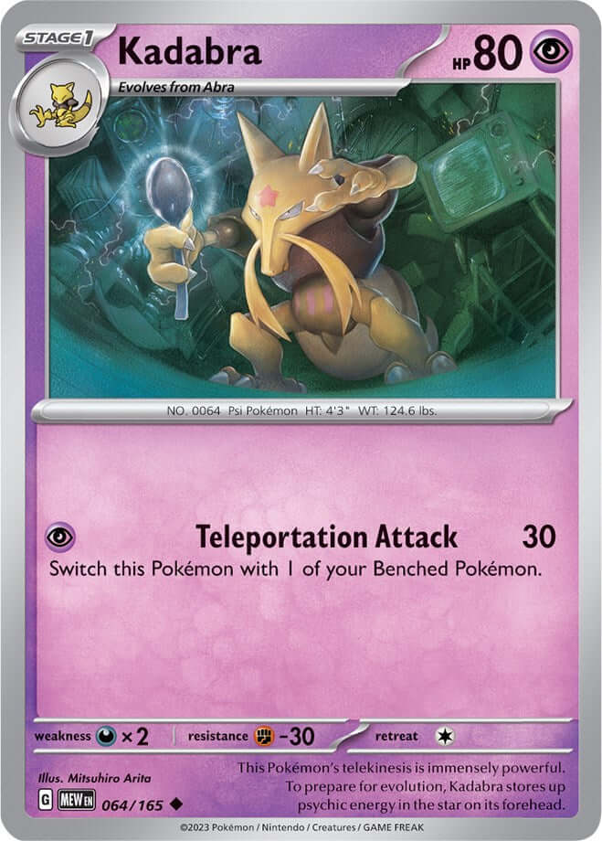 Kadabra [MEW - 064/165] Condition: Near Mint Collectible Trading Cards SV: Scarlet & Violet 151 Also available: Language: English Printing: Reverse Holofoil