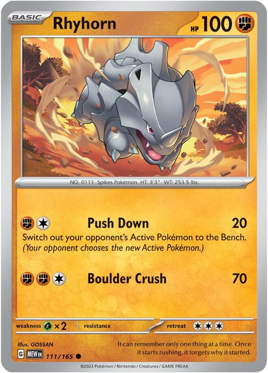 Rhyhorn [MEW - 111/165] Condition: Near Mint Collectible Trading Cards SV: Scarlet & Violet 151 Also available: Language: English Printing: Reverse Holofoil