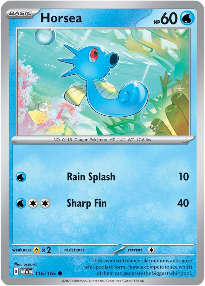 Horsea [MEW - 116/165] Condition: Near Mint Collectible Trading Cards SV: Scarlet & Violet 151 Also available: Language: English Printing: Reverse Holofoil
