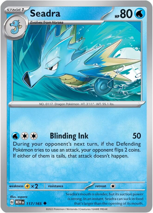 Seadra [MEW - 117/165] Condition: Near Mint Collectible Trading Cards SV: Scarlet & Violet 151 Also available: Language: English Printing: Reverse Holofoil