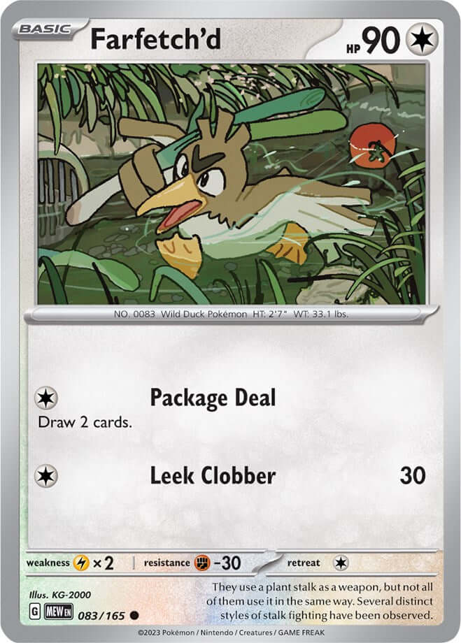 Farfetch'd [MEW - 083/165] Condition: Near Mint Collectible Trading Cards SV: Scarlet & Violet 151 Also available: Language: English Printing: Reverse Holofoil