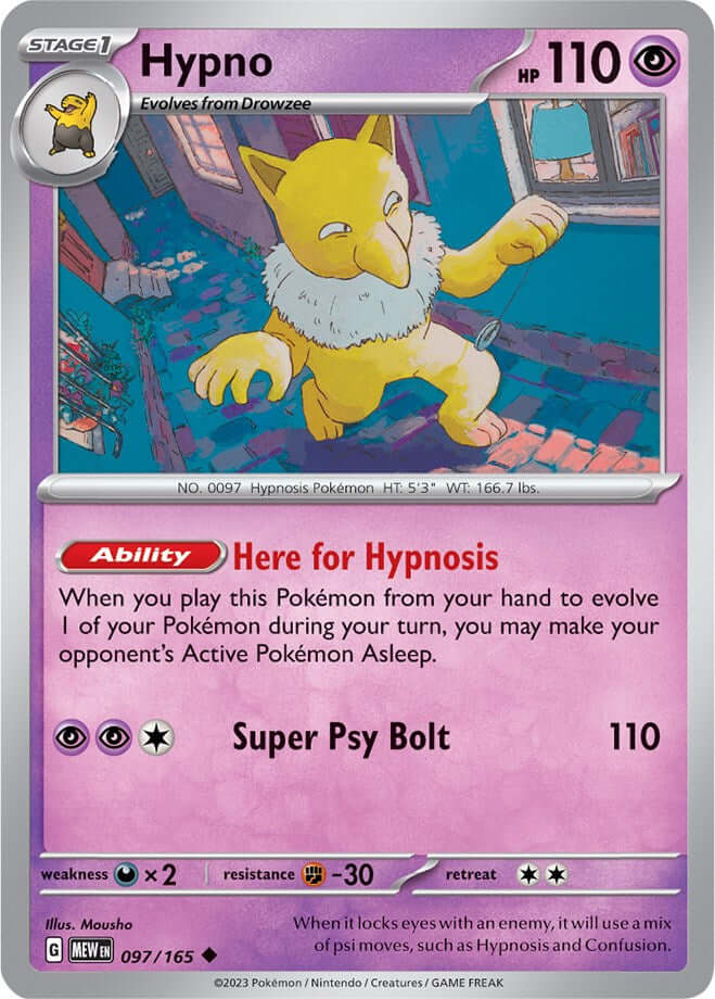 Hypno [MEW - 097/165] Condition: Near Mint Collectible Trading Cards SV: Scarlet & Violet 151 Also available: Language: English Printing: Reverse Holofoil
