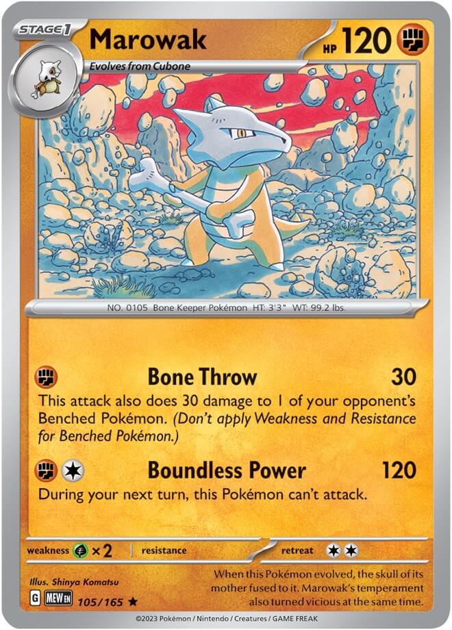 Marowak [MEW - 105/165] Condition: Near Mint Collectible Trading Cards SV: Scarlet & Violet 151 Also available: Language: English Printing: Holofoil