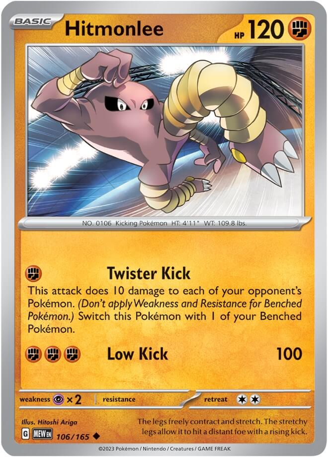Hitmonlee [MEW - 106/165] Condition: Near Mint Collectible Trading Cards SV: Scarlet & Violet 151 Also available: Language: English Printing: Reverse Holofoil