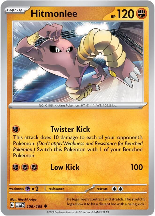 Hitmonlee [MEW - 106/165] Condition: Near Mint Collectible Trading Cards SV: Scarlet & Violet 151 Also available: Language: English Printing: Reverse Holofoil