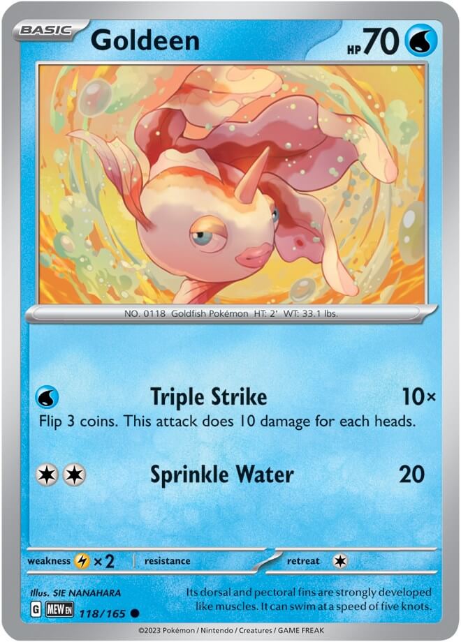 Goldeen [MEW - 118/165] Condition: Near Mint Collectible Trading Cards SV: Scarlet & Violet 151 Also available: Language: English Printing: Reverse Holofoil