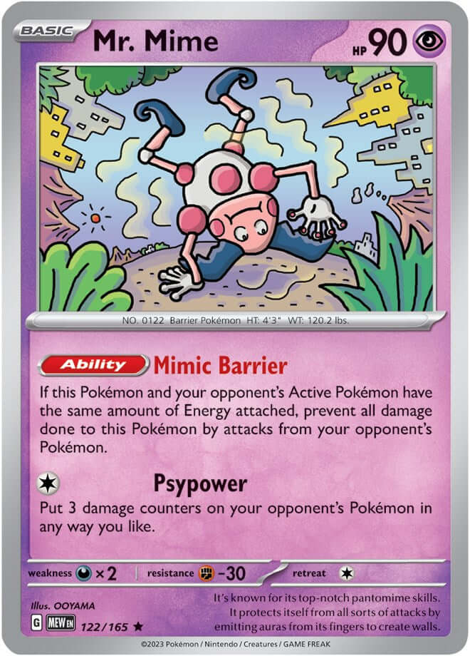 Mr. Mime - 122/165 [MEW - 122/165] Condition: Near Mint Collectible Trading Cards SV: Scarlet & Violet 151 Also available: Language: English Printing: Holofoil