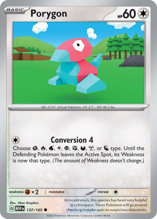 Porygon [MEW - 137/165] Condition: Near Mint Collectible Trading Cards SV: Scarlet & Violet 151 Also available: Language: English Printing: Reverse Holofoil