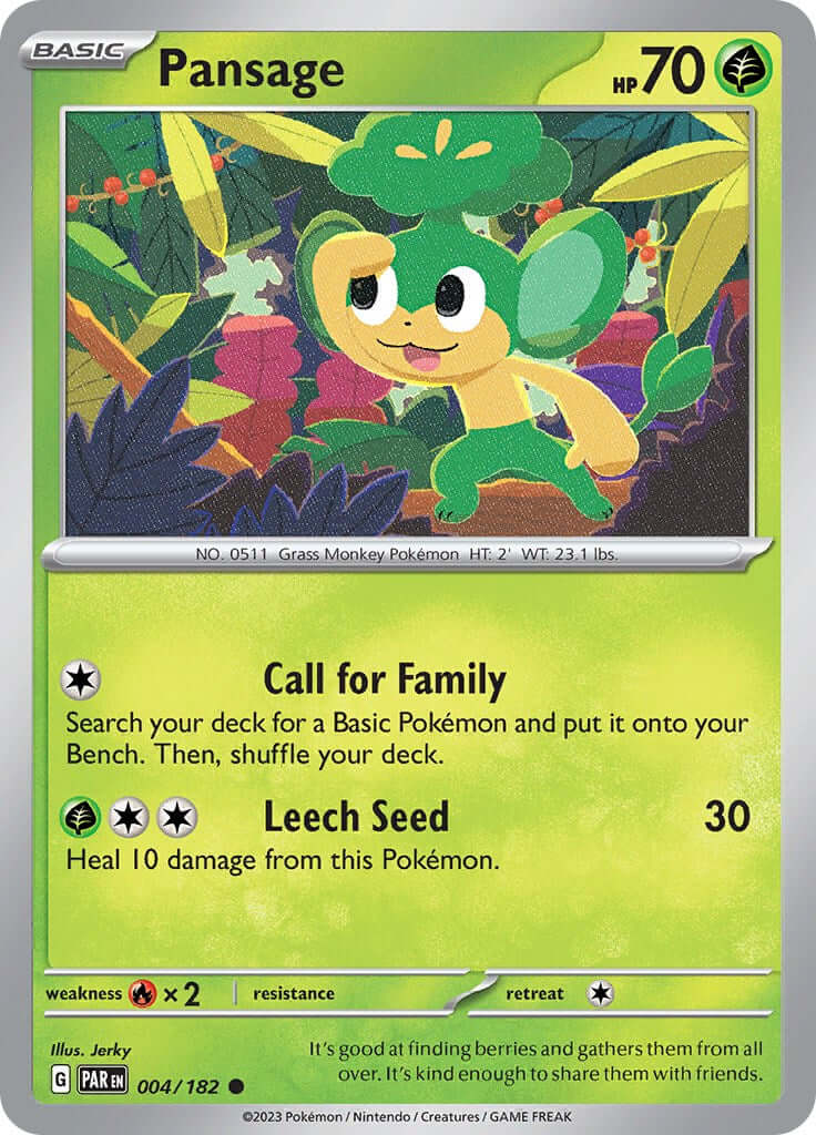 Pansage [PAR - 004/182] Condition: Near Mint Collectible Trading Cards SV04: Paradox Rift Also available: Language: English Printing: Reverse Holofoil