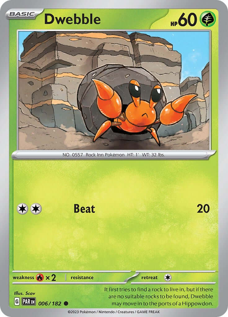 Dwebble [PAR - 006/182] Condition: Near Mint Collectible Trading Cards SV04: Paradox Rift Also available: Language: English Printing: Reverse Holofoil