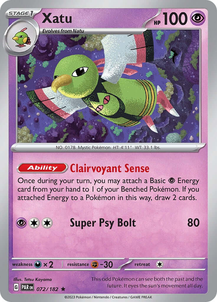 Xatu [PAR - 072/182] Condition: Near Mint Collectible Trading Cards SV04: Paradox Rift Also available: Language: English Printing: Holofoil