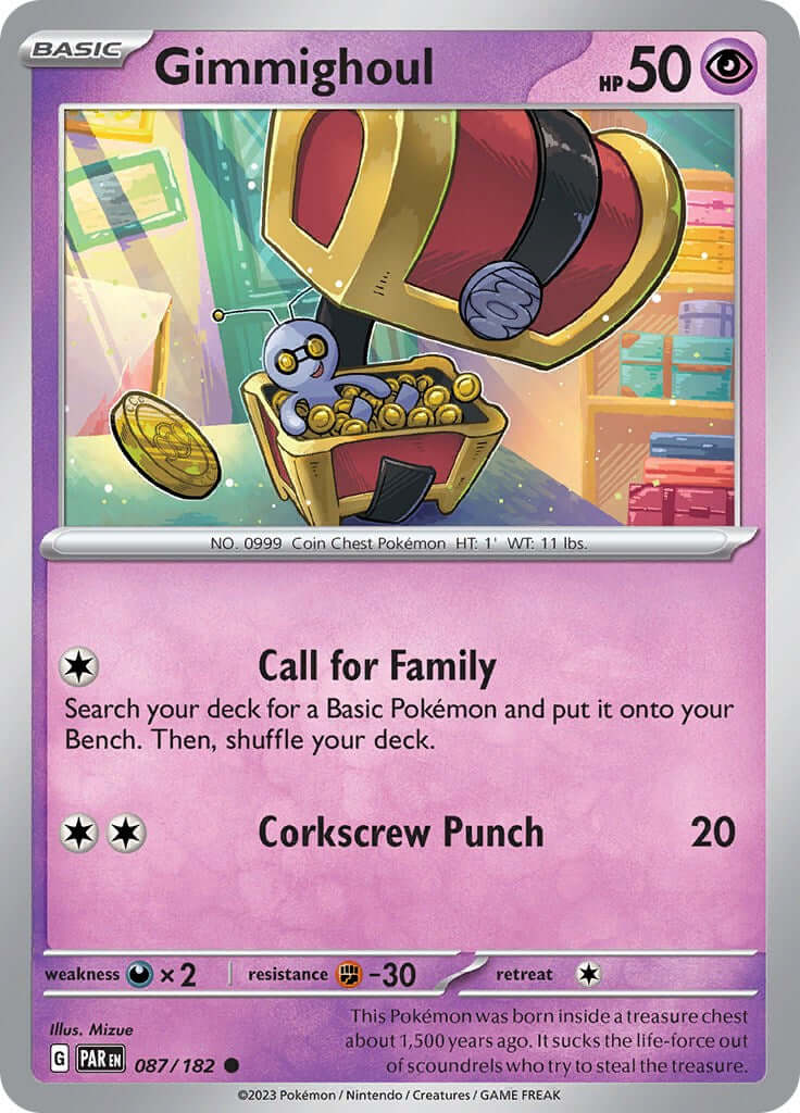 Gimmighoul - 087/182 [PAR - 087/182] Condition: Near Mint Collectible Trading Cards SV04: Paradox Rift Also available: Language: English Printing: Reverse Holofoil