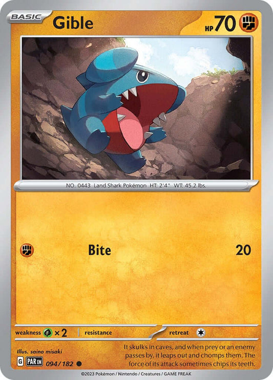 Gible [PAR - 094/182] Condition: Near Mint Collectible Trading Cards SV04: Paradox Rift Also available: Language: English Printing: Reverse Holofoil