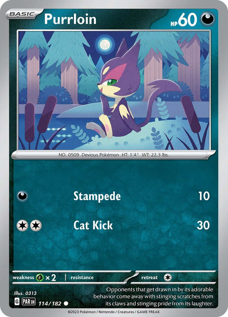Purrloin [PAR - 114/182] Condition: Near Mint Collectible Trading Cards SV04: Paradox Rift Also available: Language: English Printing: Reverse Holofoil