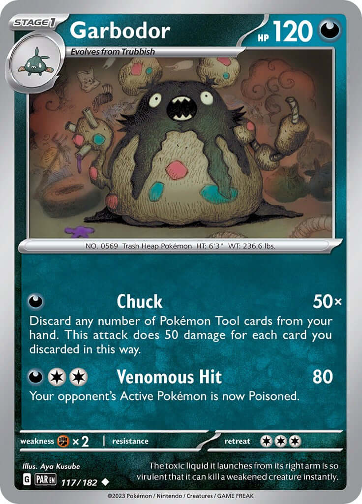 Garbodor - 117/182 [PAR - 117/182] Condition: Near Mint Collectible Trading Cards SV04: Paradox Rift Also available: Language: English Printing: Reverse Holofoil