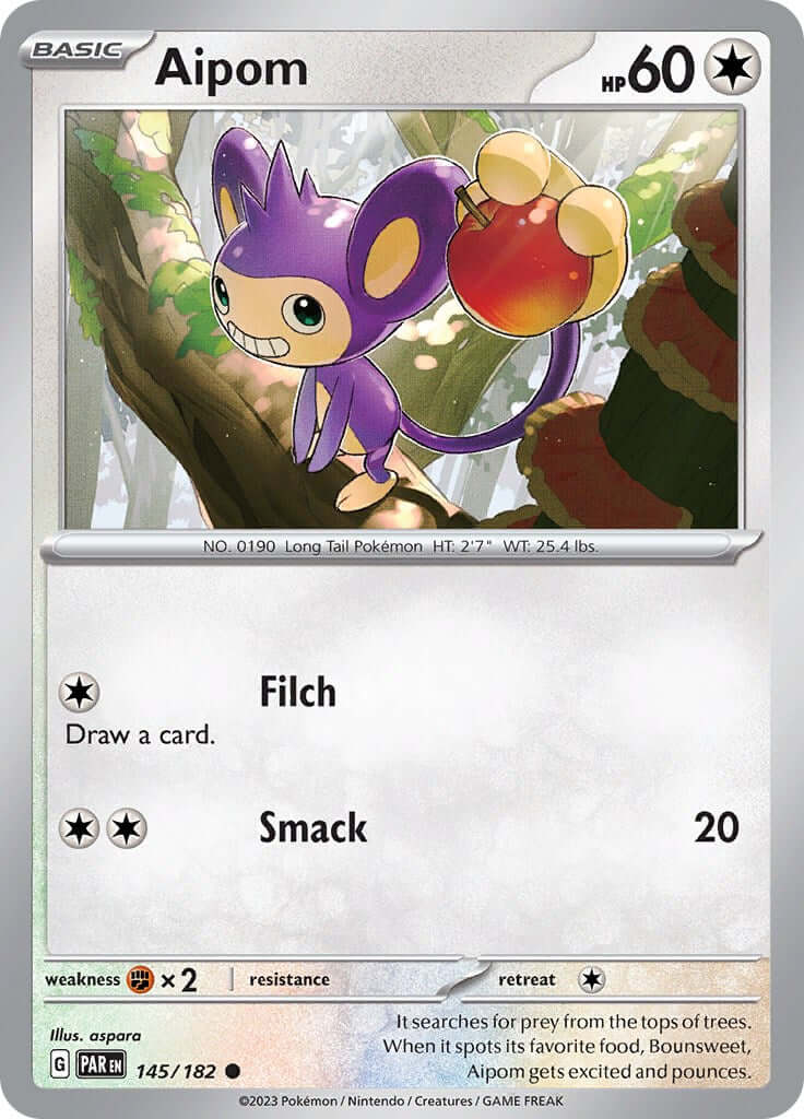 Aipom - 145/182 [PAR - 145/182] Condition: Near Mint Collectible Trading Cards SV04: Paradox Rift Also available: Language: English Printing: Reverse Holofoil