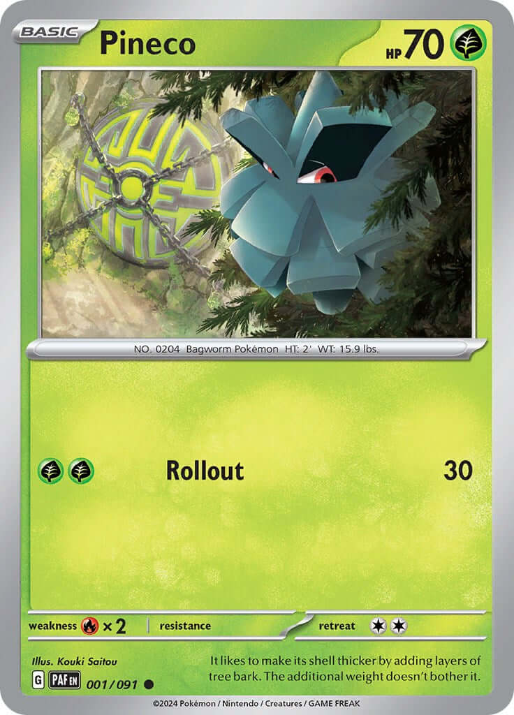 Pineco - 001/091 [PAF - 001/091] Condition: Near Mint Collectible Trading Cards SV: Paldean Fates Also available: Language: English Printing: Reverse Holofoil