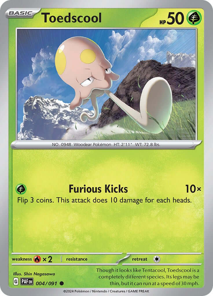 Toedscool - 004/091 [PAF - 004/091] Condition: Near Mint Collectible Trading Cards SV: Paldean Fates Also available: Language: English Printing: Reverse Holofoil