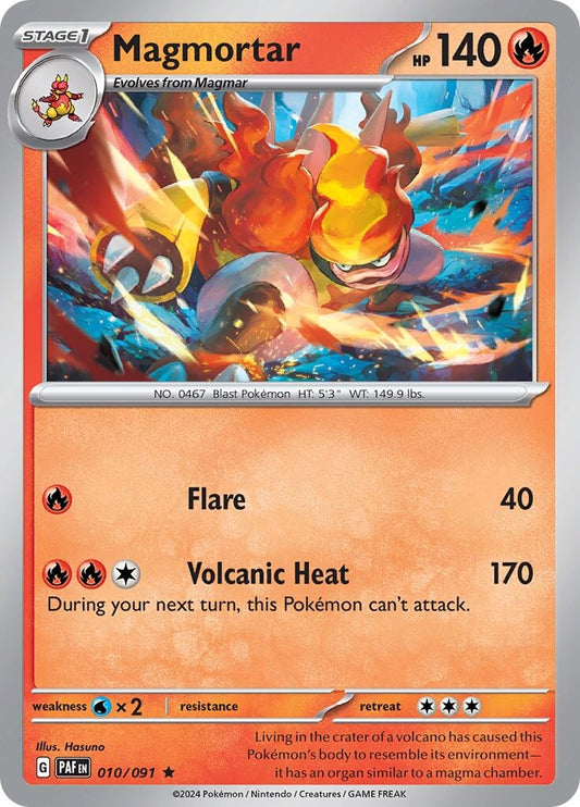 Magmortar [PAF - 010/091] Condition: Near Mint Collectible Trading Cards SV: Paldean Fates Also available: Language: English Printing: Holofoil