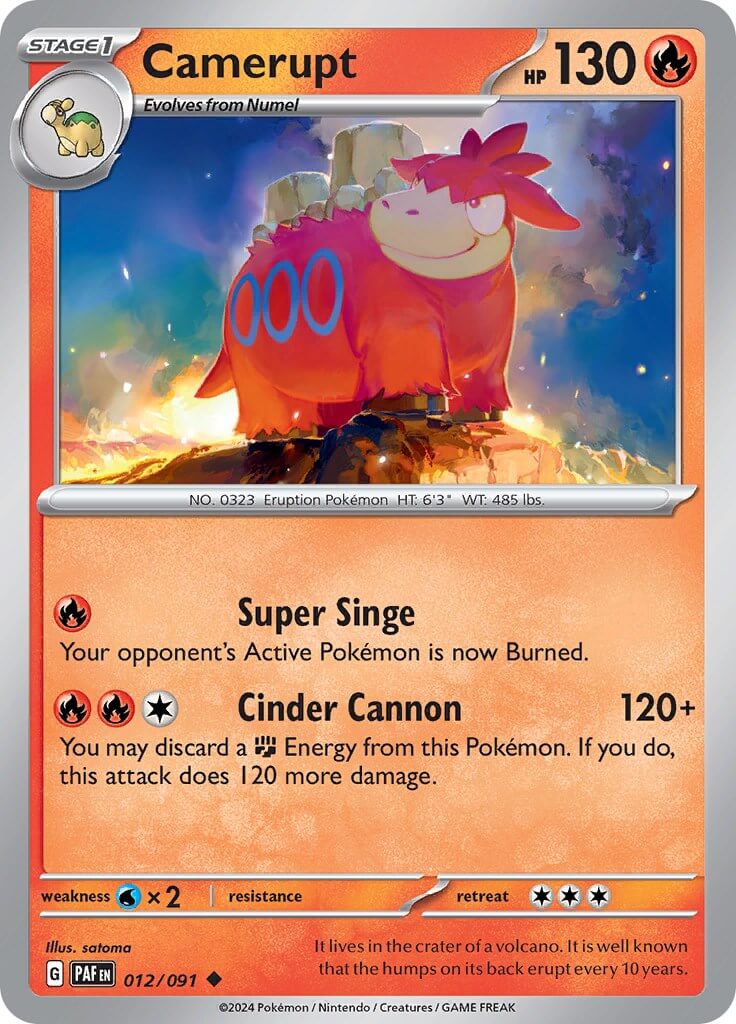 Camerupt [PAF - 012/091] Condition: Near Mint Collectible Trading Cards SV: Paldean Fates Also available: Language: English Printing: Reverse Holofoil