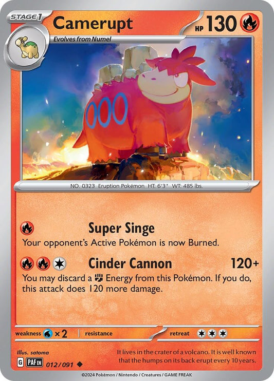 Camerupt [PAF - 012/091] Condition: Near Mint Collectible Trading Cards SV: Paldean Fates Also available: Language: English Printing: Reverse Holofoil
