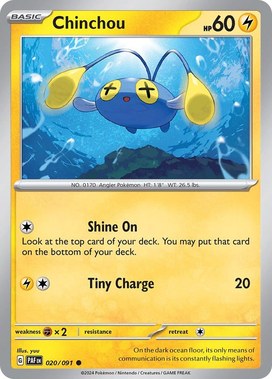 Chinchou [PAF - 020/091] Condition: Near Mint Collectible Trading Cards SV: Paldean Fates Also available: Language: English Printing: Reverse Holofoil