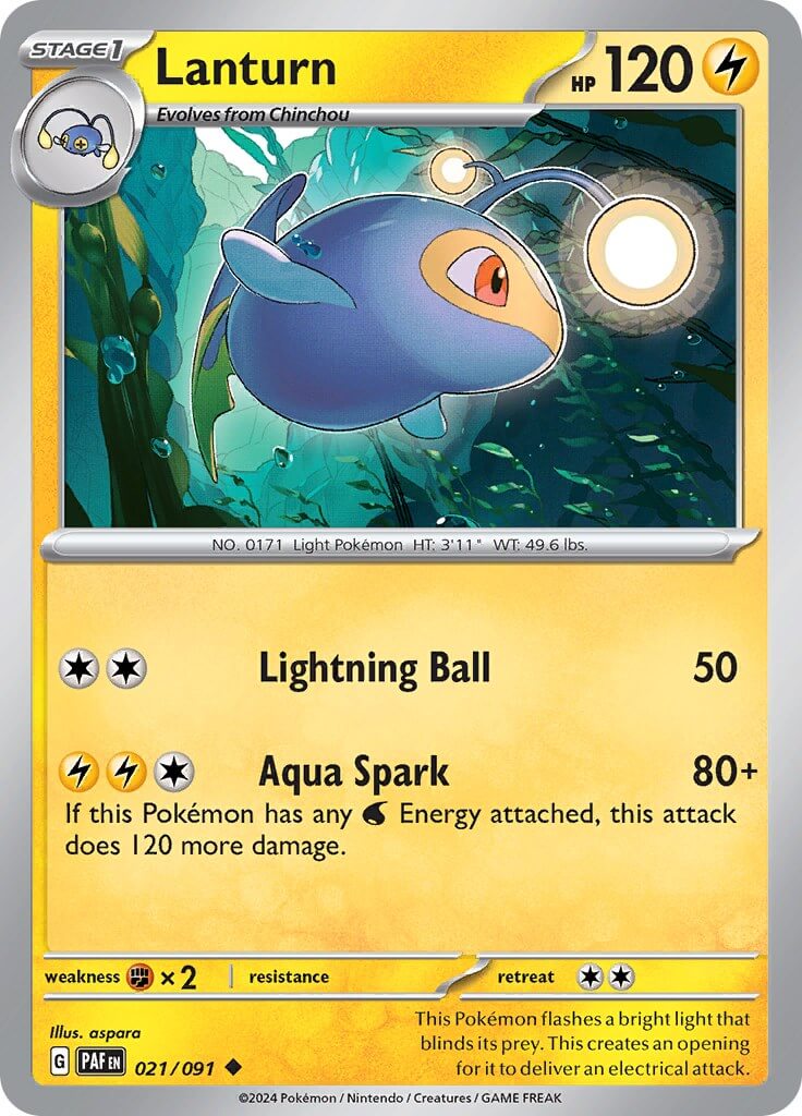 Lanturn [PAF - 021/091] Condition: Near Mint Collectible Trading Cards SV: Paldean Fates Also available: Language: English Printing: Reverse Holofoil