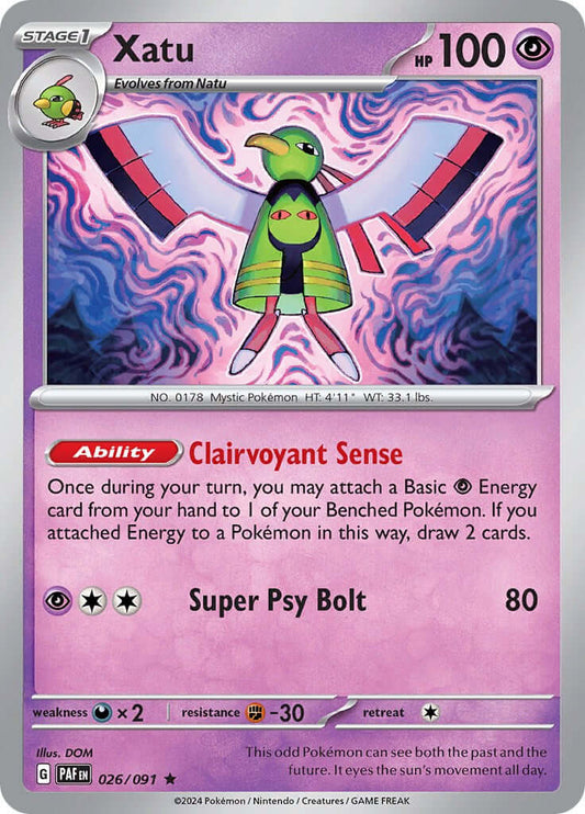 Xatu - 026/091 [PAF - 026/091] Condition: Near Mint Collectible Trading Cards SV: Paldean Fates Also available: Language: English Printing: Holofoil