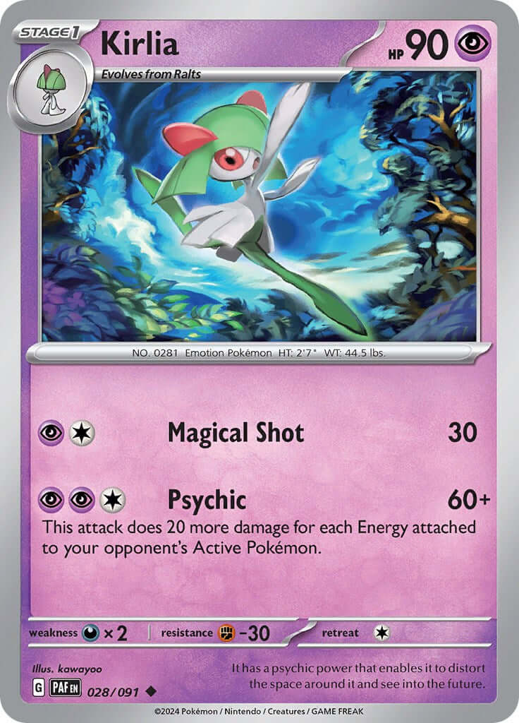 Kirlia - 028/091 [PAF - 028/091] Condition: Near Mint Collectible Trading Cards SV: Paldean Fates Also available: Language: English Printing: Reverse Holofoil