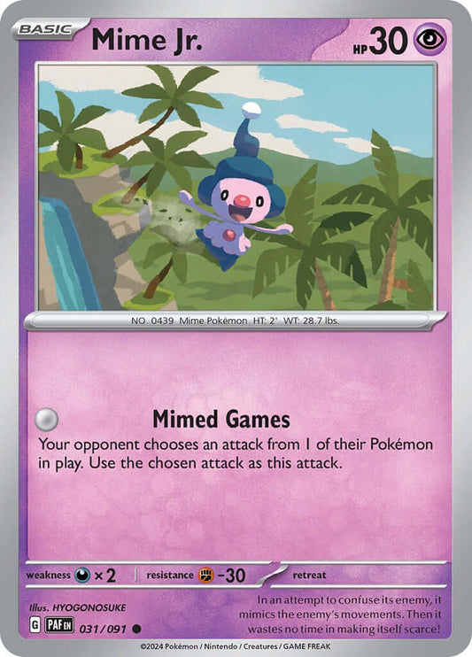 Mime Jr. - 031/091 [PAF - 031/091] Condition: Near Mint Collectible Trading Cards SV: Paldean Fates Also available: Language: English Printing: Reverse Holofoil