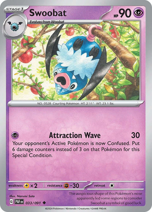 Swoobat [PAF - 033/091] Condition: Near Mint Collectible Trading Cards SV: Paldean Fates Also available: Language: English Printing: Reverse Holofoil