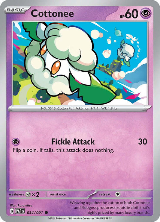 Cottonee [PAF - 034/091] Condition: Near Mint Collectible Trading Cards SV: Paldean Fates Also available: Language: English Printing: Reverse Holofoil