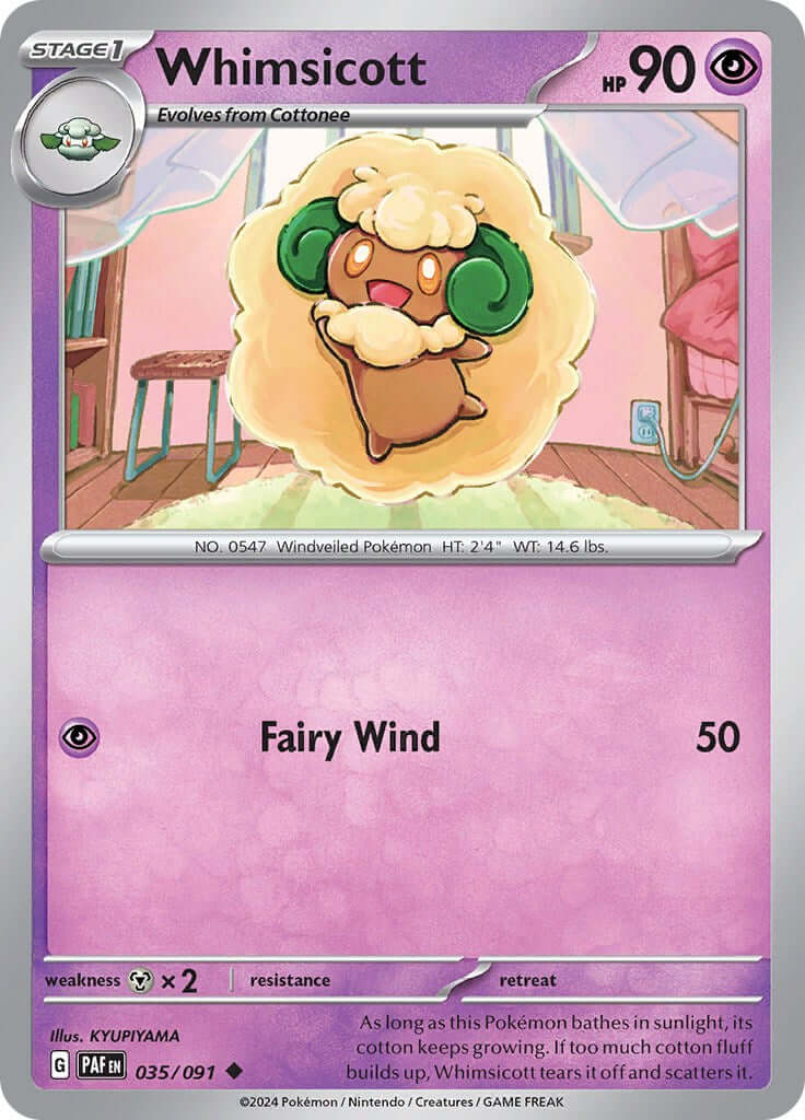 Whimsicott [PAF - 035/091] Condition: Near Mint Collectible Trading Cards SV: Paldean Fates Also available: Language: English Printing: Reverse Holofoil
