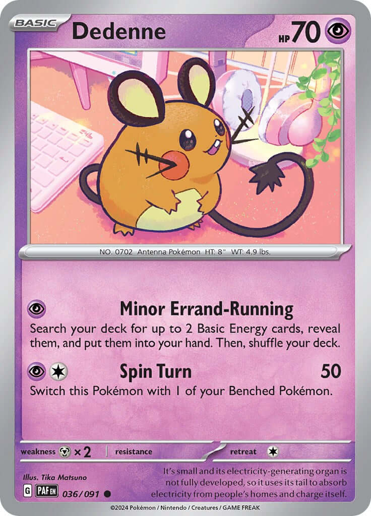 Dedenne [PAF - 036/091] Condition: Near Mint Collectible Trading Cards SV: Paldean Fates Also available: Language: English Printing: Reverse Holofoil