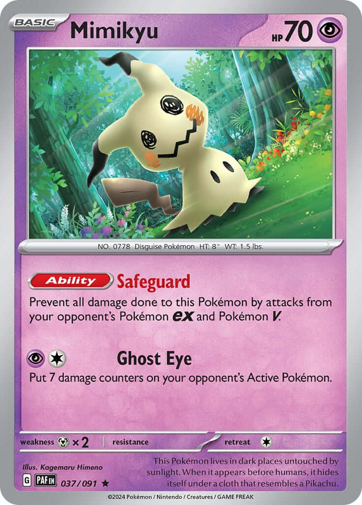 Mimikyu - 037/091 [PAF - 037/091] Condition: Near Mint Collectible Trading Cards SV: Paldean Fates Also available: Language: English Printing: Holofoil