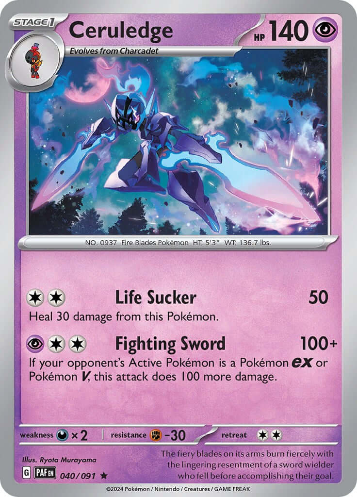 Ceruledge - 040/091 [PAF - 040/091] Condition: Near Mint Collectible Trading Cards SV: Paldean Fates Also available: Language: English Printing: Holofoil