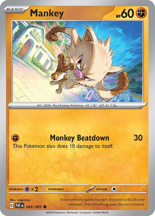 Mankey - 045/091 [PAF - 045/091] Condition: Near Mint Collectible Trading Cards SV: Paldean Fates Also available: Language: English Printing: Reverse Holofoil