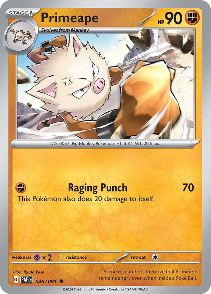 Primeape - 046/091 [PAF - 046/091] Condition: Near Mint Collectible Trading Cards SV: Paldean Fates Also available: Language: English Printing: Reverse Holofoil