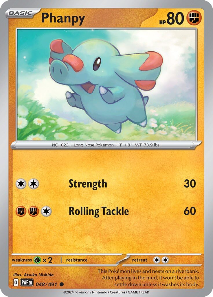 Phanpy [PAF - 048/091] Condition: Near Mint Collectible Trading Cards SV: Paldean Fates Also available: Language: English Printing: Reverse Holofoil
