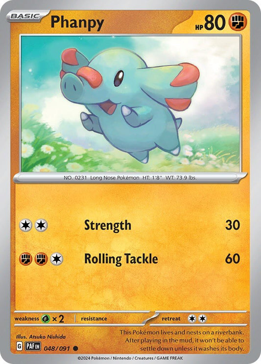 Phanpy [PAF - 048/091] Condition: Near Mint Collectible Trading Cards SV: Paldean Fates Also available: Language: English Printing: Reverse Holofoil